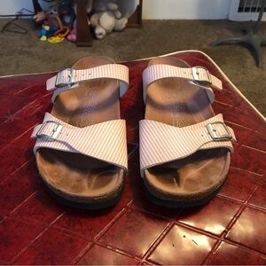 Birkenstock Birki's Sydney Double Strap Sandals PINK and White Pin Stripped